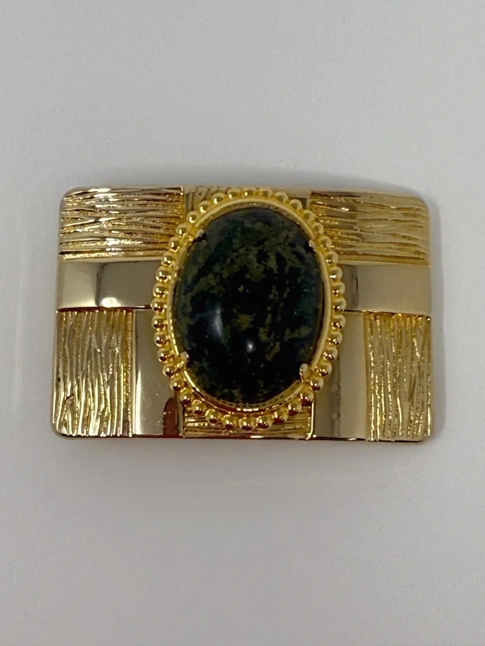 Vintage Gold Tone Belt Buckle Statement Green Stone Cabochon Rectangle Textured